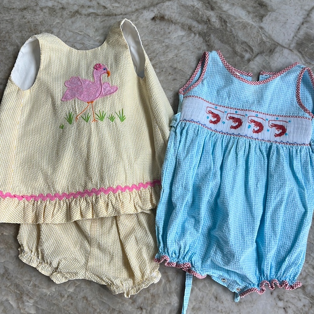 Girls Bailey Boys Flamingo 24m sun suit and  Lulu Bebe shrimp 24 months romper